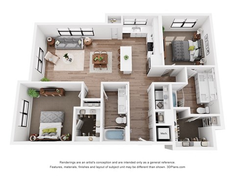 A 3D floor plan of a house with labeled rooms.